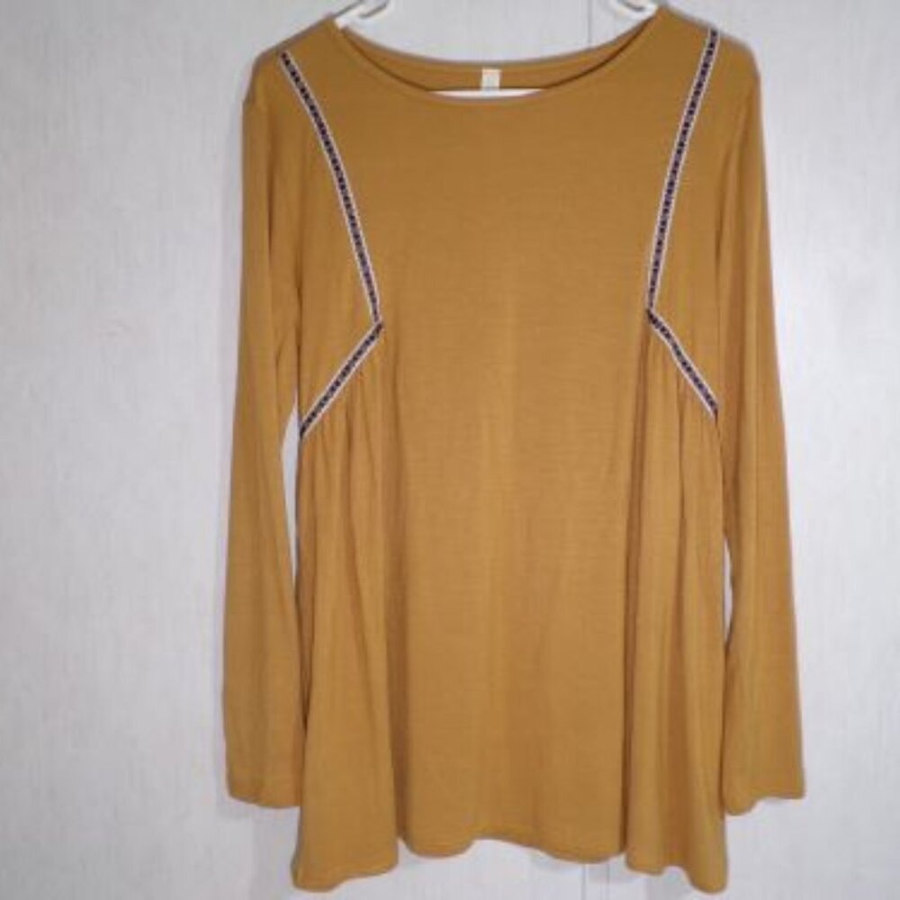 Flamingo Urban Women Long Sleeve Pullover Top Large Mustard Boho Stretch Comfort